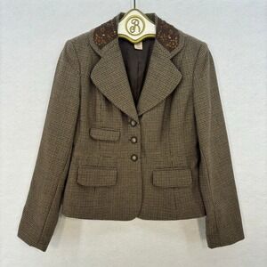Sundance Wool Blazer size 4 Brown Houndstooth Vintage Beaded Embellished Collar